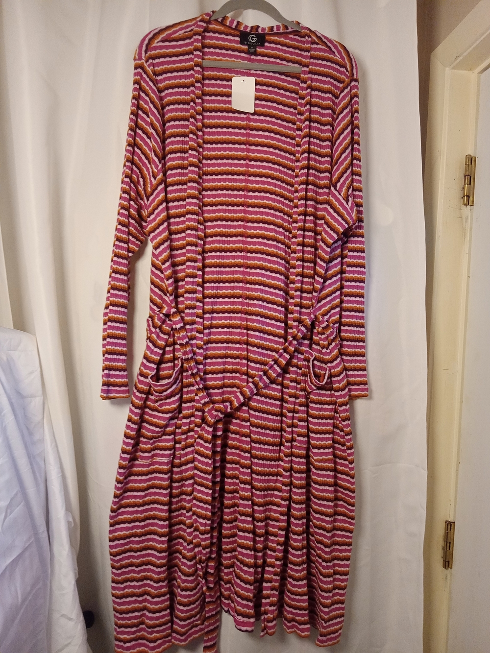3X G By Giuliana Striped Rib Knit Belted Duster Cardigan